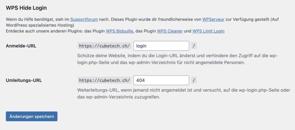 WPS Hide Login Einstellungen